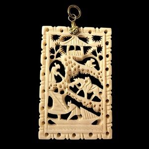 Vintage Carved Bovine Bone Asian Pagoda Village Scene Pendant